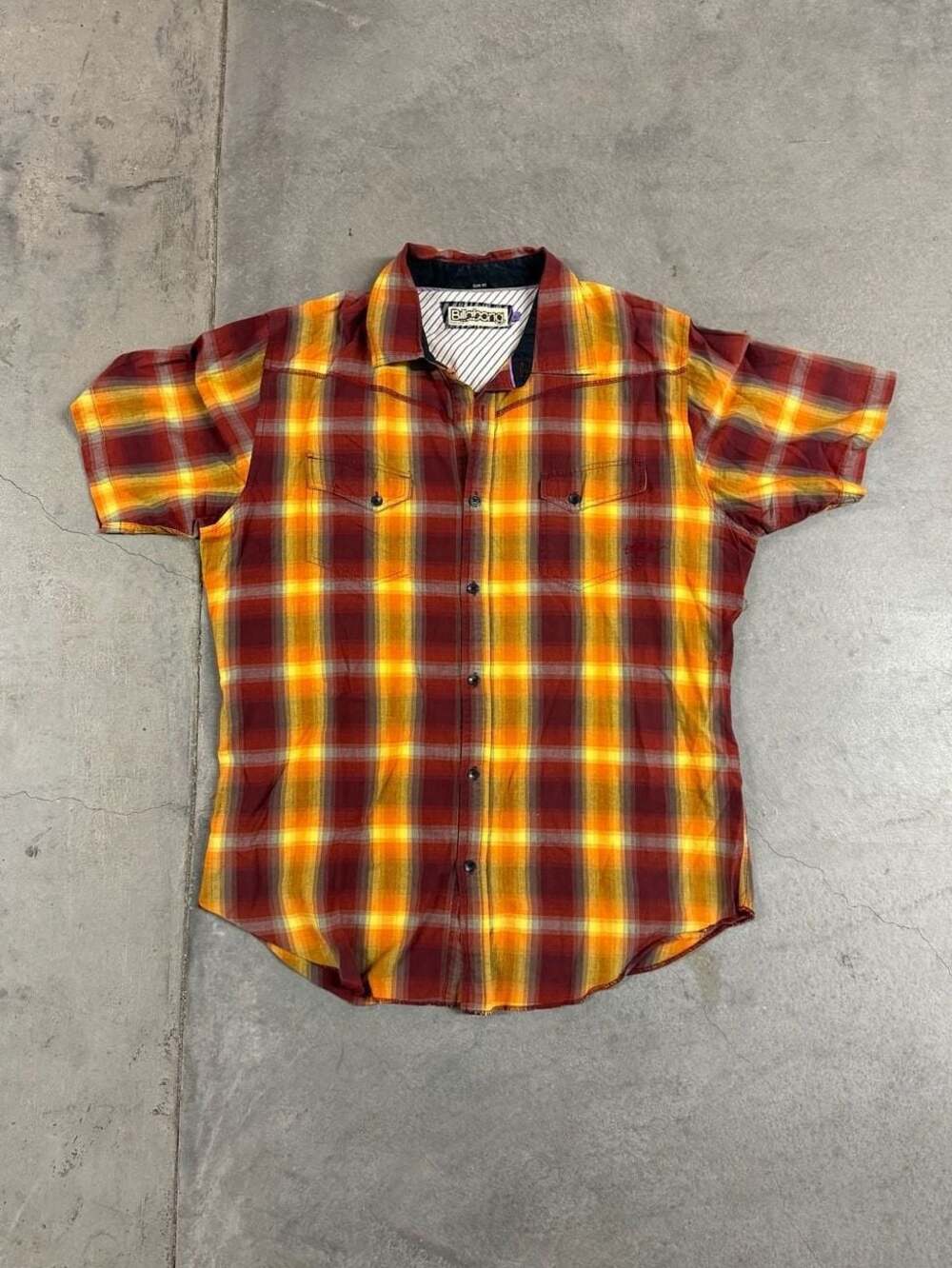 Billabong Y2K Surf Red Yellow Plaid Short Sleeve Slim Fit Button Up Shirt